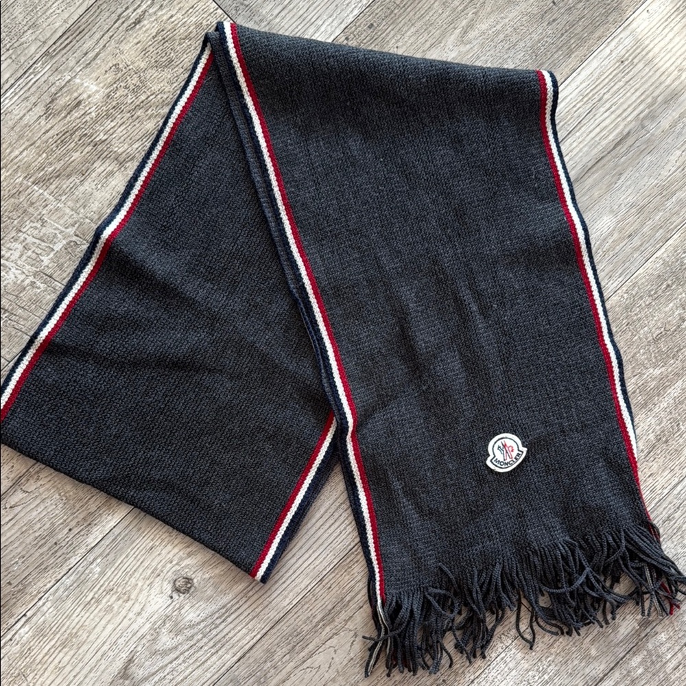 Moncler Black and Red Striped Scarf with Fringe